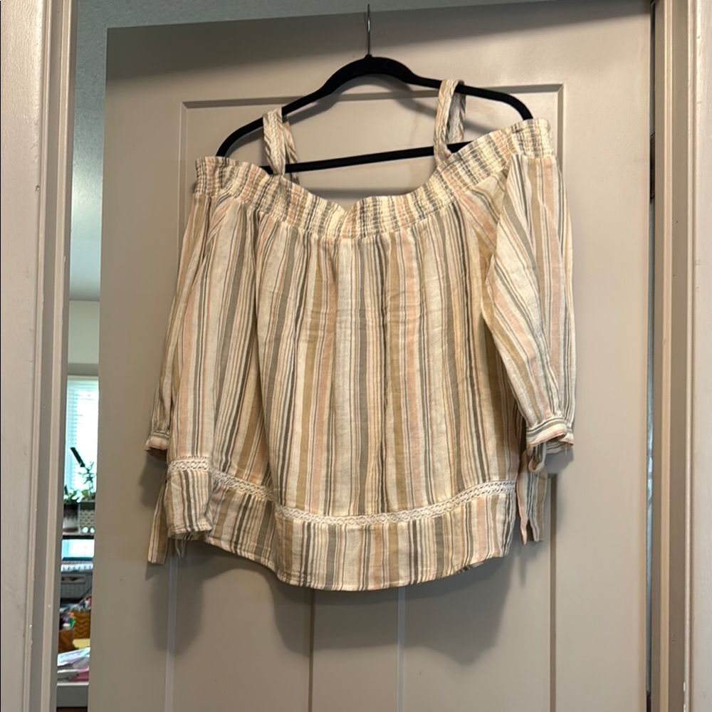 Cream Off the Shoulder Blouse with Tie Sleeves